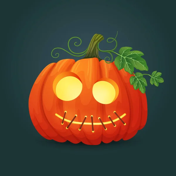 Halloween Vektorsymbol Orangen Ovalen Kürbis Mit Genähtem Mund Mit Grünen — Stockvektor