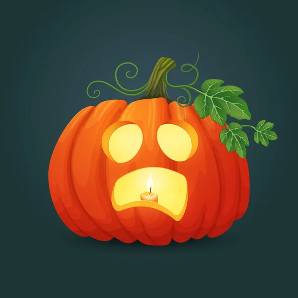 Icono Vectorial Halloween Calabaza Ovalada Naranja Asustada Con Hojas Verdes — Vector de stock