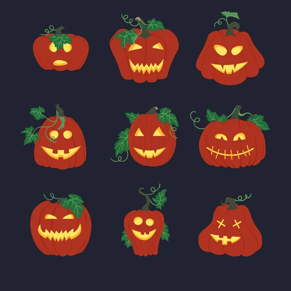 Set Von Halloween Vektorsymbolen Einfache Orangefarbene Kürbisse Die Von Innen — Stockvektor