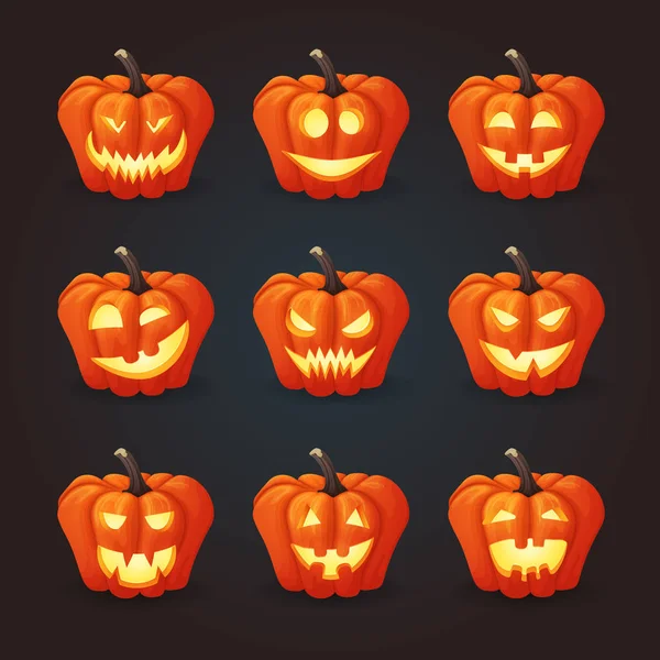 Ensemble Icônes Vectorielles Halloween Citrouille Orange Mûre Illuminée Intérieur Avec — Image vectorielle