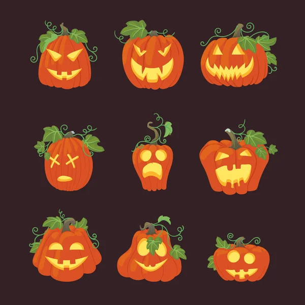 Set Icone Vettoriali Halloween Zucche Arancio Semplici Illuminate Dall Interno — Vettoriale Stock
