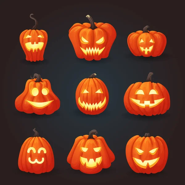 Ensemble Icônes Vectorielles Halloween Citrouilles Orange Mûres Illuminées Intérieur Différentes — Image vectorielle