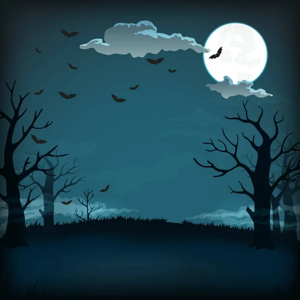 ベクトルの背景 サイン ポスター デザイン 夜は不気味な背景に満月 コウモリ 裸木のシルエット 暗く青い空 — ストックベクタ