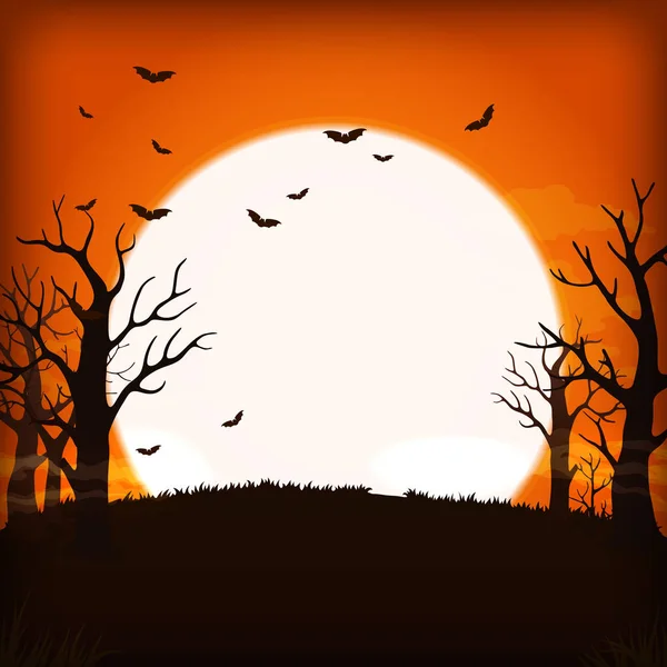 ベクトルの背景 サイン ポスター デザイン 完全なスーパー月 コウモリと裸の木シルエット オレンジ夜背景 — ストックベクタ