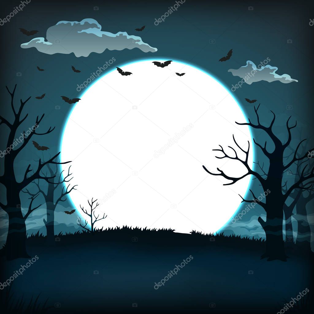 Vector background, sign, poster design. Dark blue night background with full super moon, clouds, bats and bare trees silhouettes.