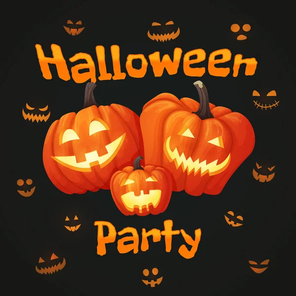 Vektorhintergrund Zeichen Bannerdesign Halloween Party Plakat Mit Drei Lächelnden Kürbissen — Stockvektor