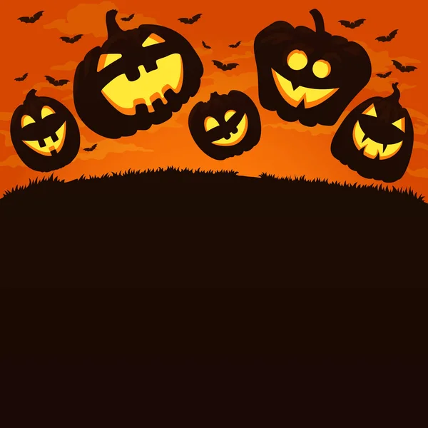 Vector Affisch Kort Bakgrundsdesign Ler Halloweenpumpor Hoppning Gräset Spooky Orange — Stock vektor