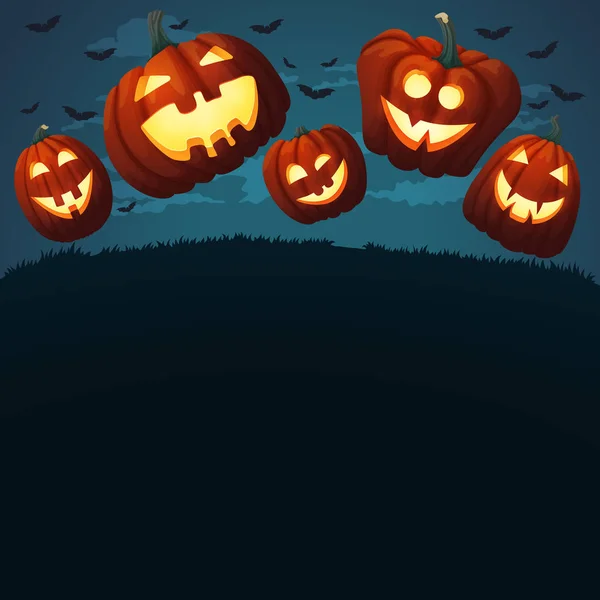 Cartaz Vetor Cartão Design Fundo Abóboras Halloween Sorridentes Pulando Grama —  Vetores de Stock
