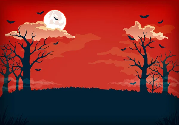 ポスター カード 背景デザインをベクトルします 夜は不気味な赤と濃い青い空満月と雲 コウモリと裸の木 秋の森 庭園の風景 — ストックベクタ