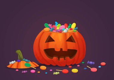 Halloween sepeti vektör simgesi. Top ile turuncu kabak gülümseyen sweets içinde ve çevresinde mor bir arka plan ile kesti. Sonbahar tatil afiş, işareti.