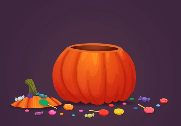 Halloween Kosz Wektor Ikona Dojrzałych Pomarańczy Dyni Góry Odciąć Słodycze — Wektor stockowy