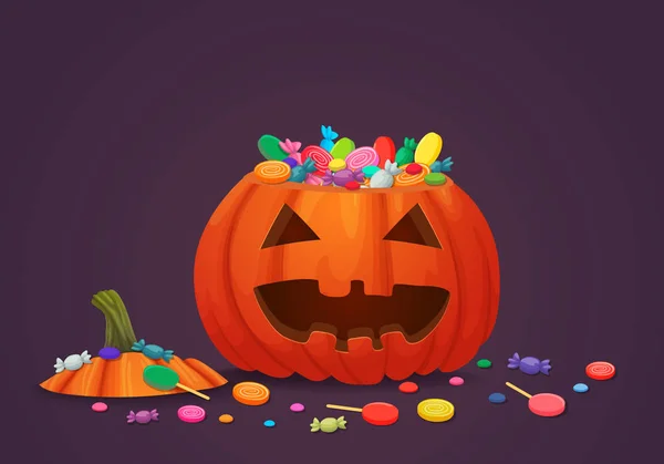 ハロウィン バスケット ベクトル アイコン 紫色の背景にお菓子の内部とその周辺と切断上部にオレンジのカボチャを笑顔します 秋の休日旗の記号 — ストックベクタ