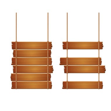 Beyaz bir arka plan üzerinde izole iki eski püskü ahşap işaretler. Düzensiz kenarlı eski plakalar ip ile eksik bazı plakalar ile bağlanır. Vektör.