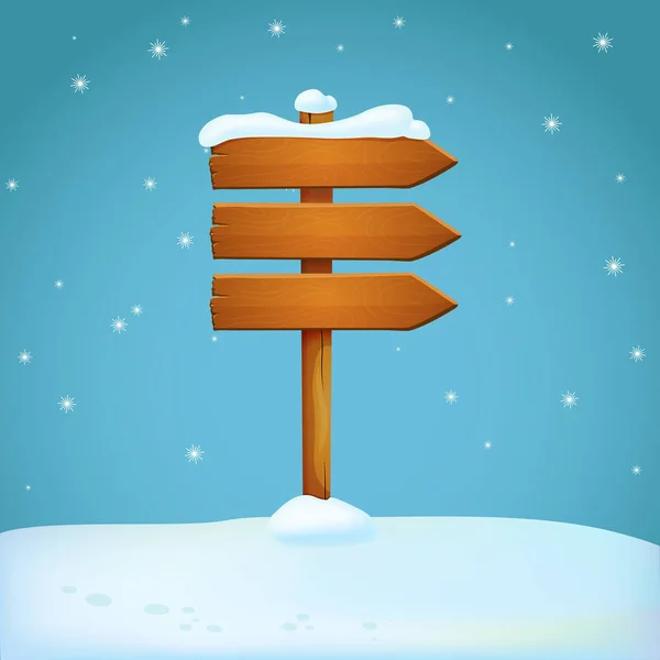 Old Wooden Snow Covered Arrow Signpost Snowy Ground Three Planks — Stock Vector