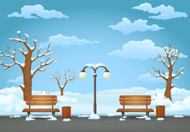 Kış günü park. İki banklar ile çöp kovaları ve kar ile bir asfalt park izinde sokak lambası yapraksız ağaçlar ve çalılar kaplı. Karlı alan ve mavi gökyüzü bulutlu bir arka plan üzerinde.