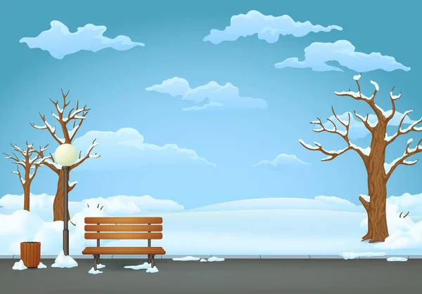 Зимовий Денний Парк Дерев Яна Лавка Сміттєвою Балончиком Вулична Лампа — стоковий вектор