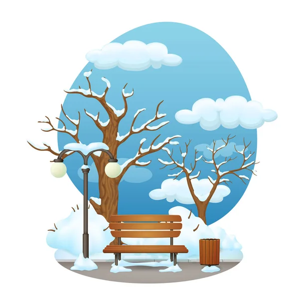 Сцена Зимового Парку Сніговий Покритий Дерев Яною Лавкою Вуличною Лампою — стоковий вектор