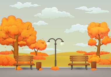 Sonbahar günü park sahne. Sarı ve turuncu ağaçlar ve çalılar düşen yaprakları ile iki banklar çöp kutuları ve bir asfalt Park sokak lambası ile iz. Solmuş çim ve gri gökyüzü bulutlu arka planda.