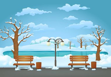 Kış günü park sahne. İki banklar çöp kutularını ve karla kaplı ağaçlar ve çalılar ile bir asfalt park izinde sokak lambası. Karlı alan, donmuş göl ve mavi gökyüzü bulutlu arka planda.