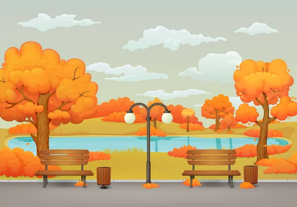 秋日公园的场景 两个长凳上有垃圾桶和路灯 在一个沥青公园的小道上 有橙色和黄色的树木和灌木丛 枯萎的草地 湖泊和灰色的天空 背景是云 — 图库矢量图片