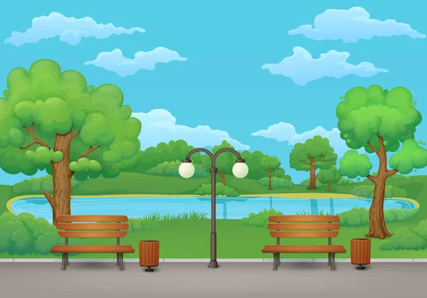春季公园场景 两个长凳上的垃圾桶和路灯在一个沥青公园小道上 有郁郁葱葱的绿树和灌木 绿色的草地 湖泊和蓝色的天空 背景上有云 — 图库矢量图片