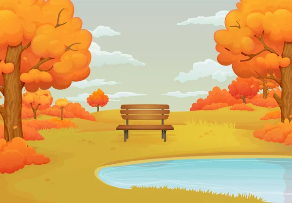 Ilustración Vectorial Otoño Banco Madera Junto Lago Con Arbustos Naranjos — Vector de stock