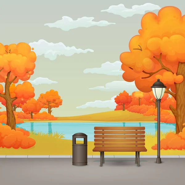 秋天公园向量例证 木长凳 垃圾桶和路灯在一个沥青公园小道与湖或河 橙色树和灌木在背景 — 图库矢量图片