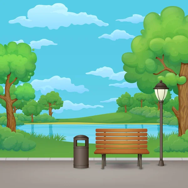 春天公园向量例证 木长凳 垃圾桶和路灯在一个沥青公园小道与湖或河 郁郁葱葱的绿树和灌木的背景 — 图库矢量图片