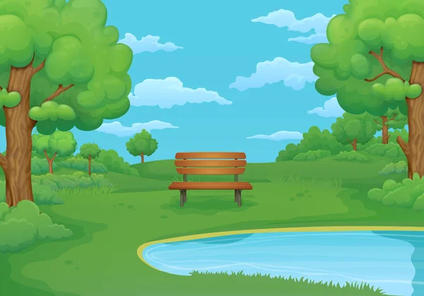 Verano Ilustración Vectorial Primavera Banco Madera Junto Lago Con Exuberantes — Vector de stock