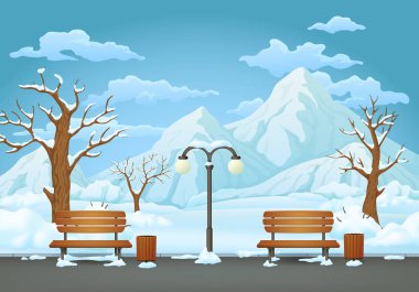 Kış günü park. İki banklar ile çöp kovaları ve kar ile bir asfalt park izinde sokak lambası yapraksız ağaçlar ve çalılar kaplı. Karlı alanları, dağlar ve mavi gökyüzü bulutlu bir arka plan üzerinde.