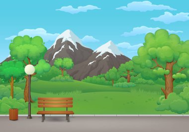 Yaz bahar gün park vektör çizim. Ahşap Bank, çöp kutusu ve yemyeşil yeşil ağaçlar, çalılar ve dağ içinde belgili tanımlık geçmiş bir asfalt park izinde sokak lambası.