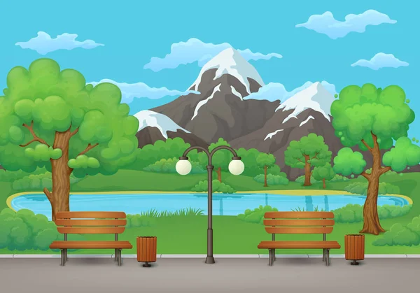 春季公园场景 两个长凳上的垃圾桶和路灯在一个沥青公园小道上 有郁郁葱葱的绿树和灌木 绿色的草地 山脉和蓝色的天空 背景是云 — 图库矢量图片