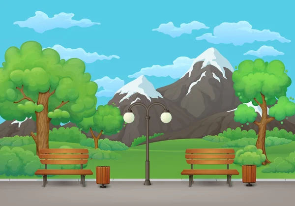 Summer, spring day park scene. Two benches with trash cans and street lamp on an asphalt park trail with lush green trees and bushes. Green meadows, snowy mountains and blue sky with clouds on the background.