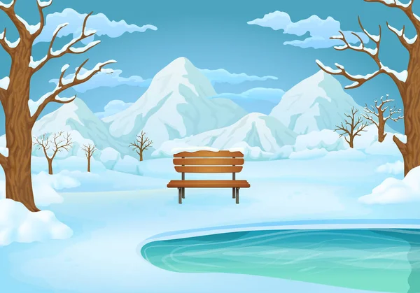 Векторная Иллюстрация Зимнего Дня Деревянная Скамейка Замёрзшего Озера Заснеженными Кустами — стоковый вектор
