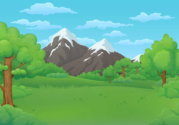 Sommertagsvektorillustration Grüne Wiesen Mit Üppigen Bäumen Und Büschen Schneebedeckte Berge — Stockvektor