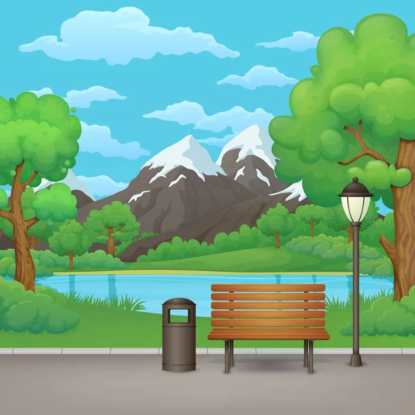 春天公园向量例证 木长凳 垃圾桶和路灯在一个沥青公园小道上与郁郁葱葱的绿树 湖泊和山脉的背景 — 图库矢量图片