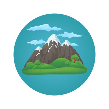 Yaz dönemi, bahar gün vektör simgesi. Yeşil tepeler, yemyeşil yeşil ağaçlar ve çalılar bulutlar ile mavi bir daire üzerinde üç zirveleri ile geniş karlı dağ.