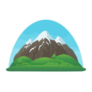 Summer, spring day vector icon. Three snowy mountains with green hills, lush green trees and bushes and blue sky on a white background. clipart
