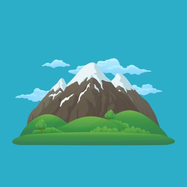 Yaz dönemi, bahar gün vektör simgesi. Yeşil tepeler, yemyeşil yeşil ağaçlar ve çalılar ve bulutlar mavi bir arka plan üzerinde üç karlı dağlar.