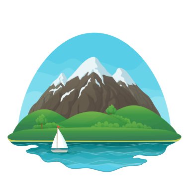 Yaz dönemi, bahar gün vektör simgesi. Yeşil tepeler, yemyeşil yeşil ağaçlar ve çalılar, göl, Yelkenli ve beyaz zemin üzerine mavi gökyüzü ile üç karlı dağlar.