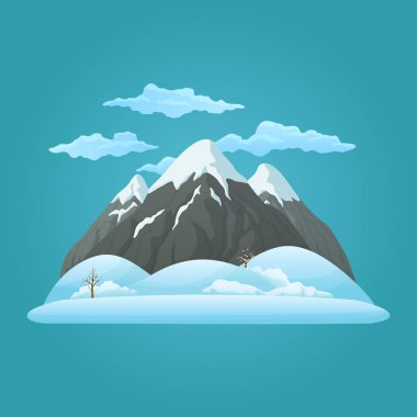 Kış günü vektör simgesi. Üç karlı dağları kar ile kaplı tepeler, çıplak ağaçlar ve bulutların üstünde mavi bir arka plan.