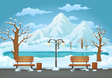 Kış günü park. İki banklar ile çöp kovaları ve kar ile bir asfalt park izinde sokak lambası yapraksız ağaçlar ve çalılar kaplı. Karlı alanları, donmuş göl, dağlar ve mavi gökyüzü bulutlu içinde belgili tanımlık geçmiş.