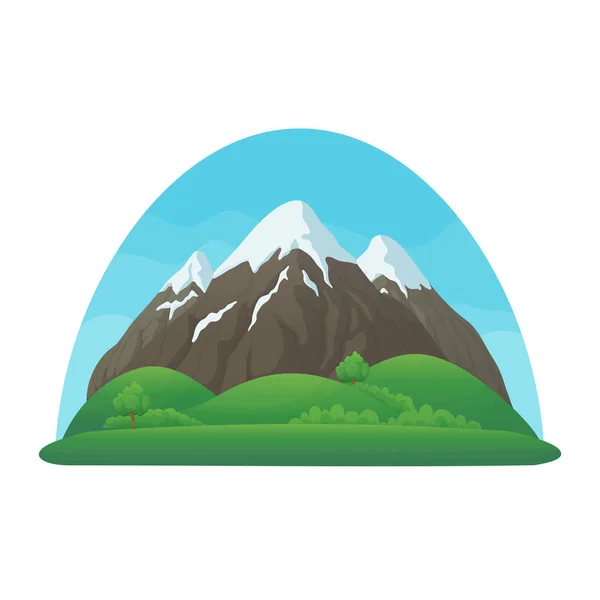 Summer Spring Day Vector Icon Three Snowy Mountains Green Hills — Stock Vector