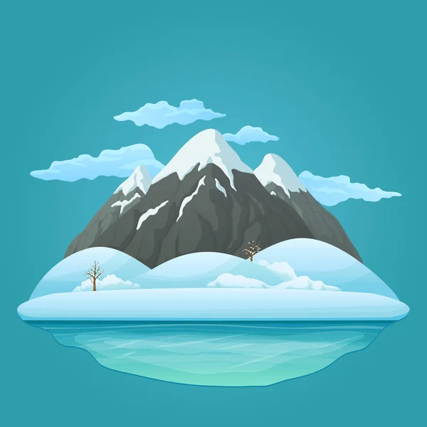 冬季矢量图标 三座雪山 积雪覆盖着丘陵 光秃秃的树木 冰封的湖泊和蓝色背景上的云朵 — 图库矢量图片