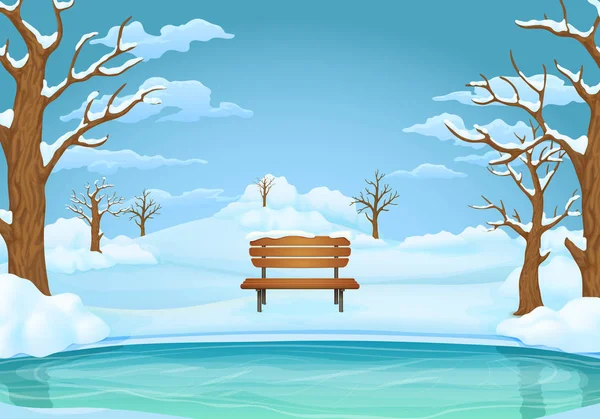 Wintertagsvektorillustration Zugefrorener See Oder Fluss Mit Schneebedeckten Holzbänken Blattlosen Bäumen — Stockvektor
