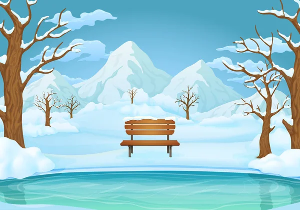 Kış günü vektör çizim. Ahşap Bank, yapraksız ağaçlar ve çalılar donmuş göl veya nehir kar ile kaplı. Karlı tepeler, dağlar ve mavi gökyüzü bulutlu içinde belgili tanımlık geçmiş.