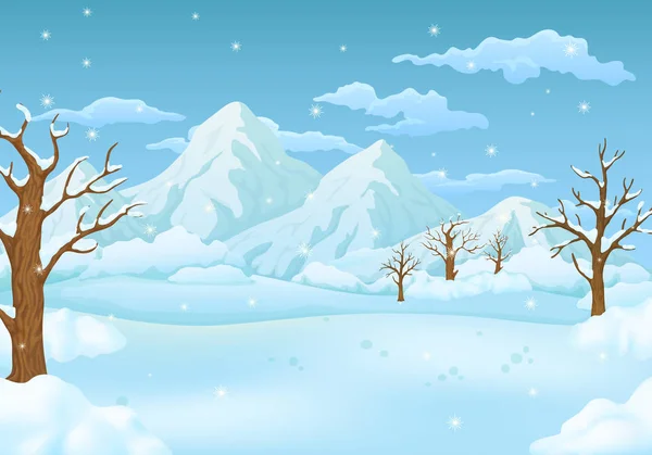 冬の日の背景 葉のない木は 雪が多いフィールド雪覆われた山脈 立ち下がり雪と雲と青空 — ストックベクタ