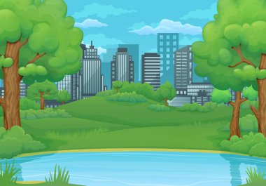 Yaz bahar gün vektör çizim. Göl veya nehir gür yeşil ağaçlar ve çalılar. Yeşil tepeler, çayırlar, cityscape gökdelenler ile ve mavi gökyüzü bulutlu içinde belgili tanımlık geçmiş.