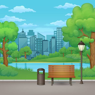 Yaz bahar gün park vektör çizim. Ahşap Bank, çöp kutusu ve yemyeşil yeşil ağaçlar, çalılar, göl ve cityscape gökdelenler içinde belgili tanımlık geçmiş ile bir asfalt park izinde sokak lambası.