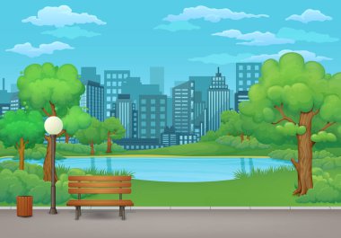 Yaz bahar gün park vektör çizim. Ahşap Bank, çöp kutusu ve yemyeşil yeşil ağaçlar, çalılar, göl ve cityscape gökdelenler içinde belgili tanımlık geçmiş ile bir asfalt park izinde sokak lambası.